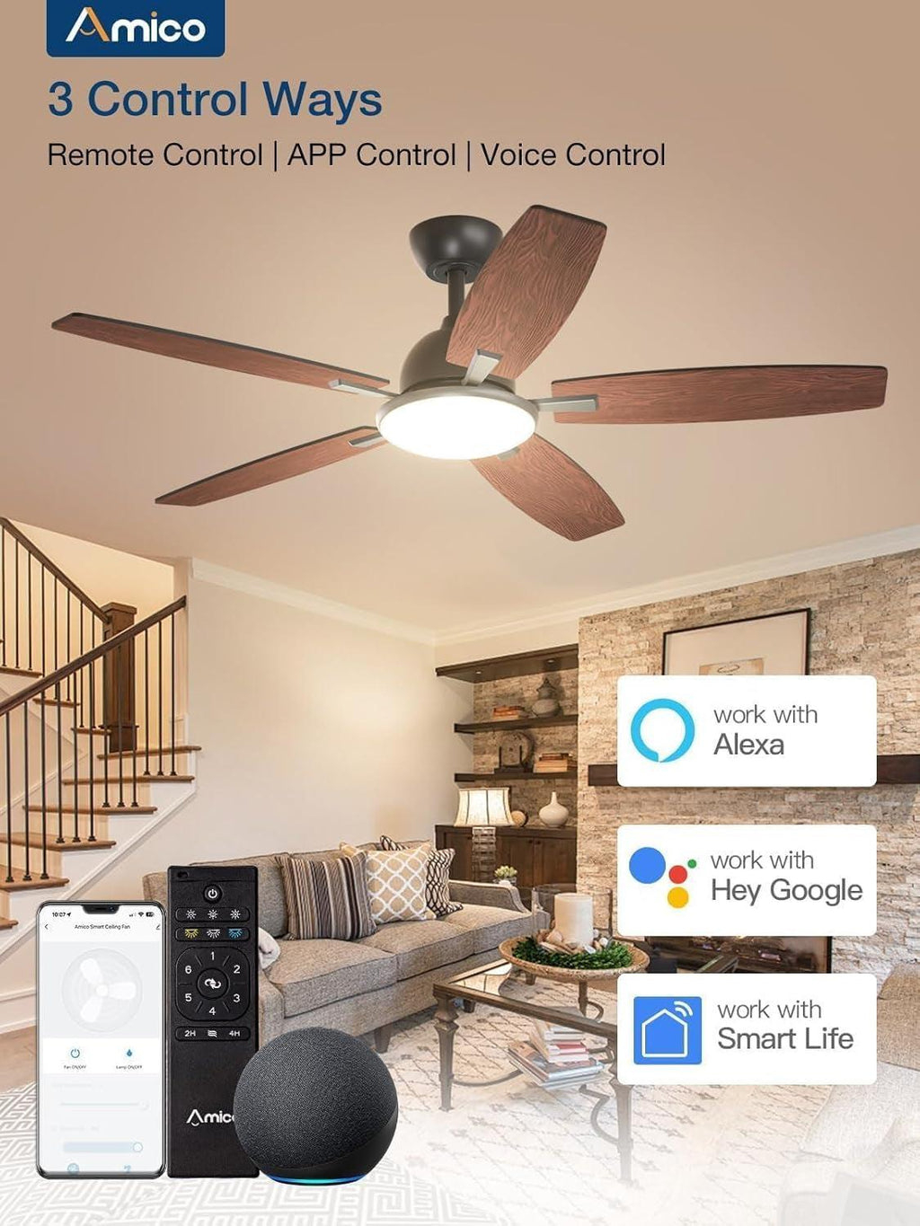 52 Inch Energy Efficient Smart Ceiling Fan With Alexa