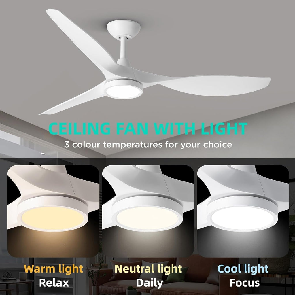 52 Inch White Energy Efficient Ceiling Fan With LED Light